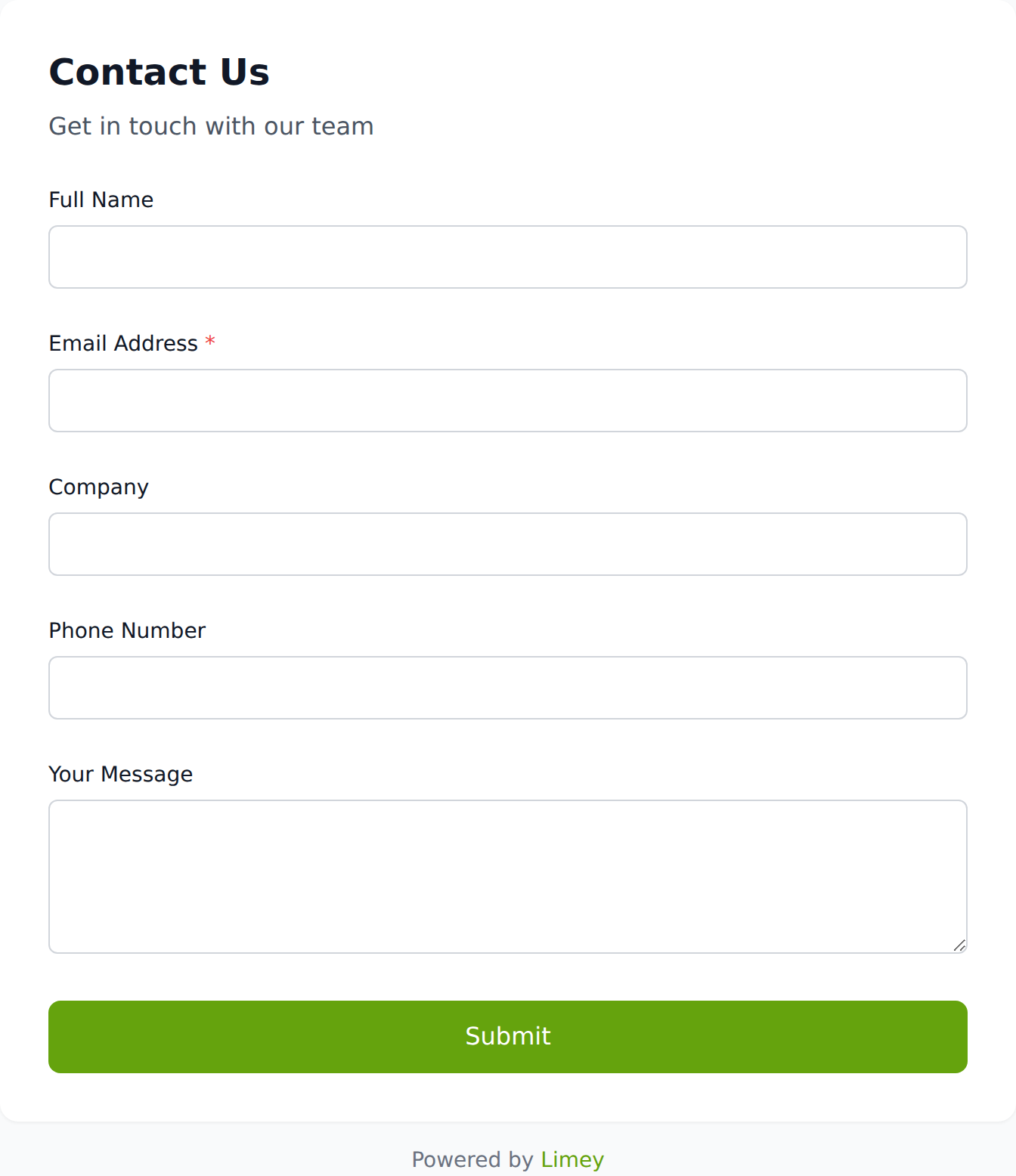 Published Limey contact form as seen by visitors